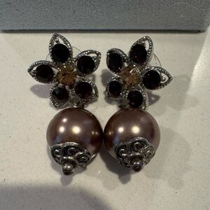 Elegant Brown Pearl Drop Flower Earrings - Women Jewelry
